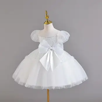 Платья принцессы для девочек, детское бальное платье, сетчатое праздничное платье с бантом, детская одежда