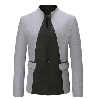 2023 Новый мужской шерстяной пиджак со стоячим воротником, осенне-зимняя мужская деловая повседневная куртка в стиле пэчворк