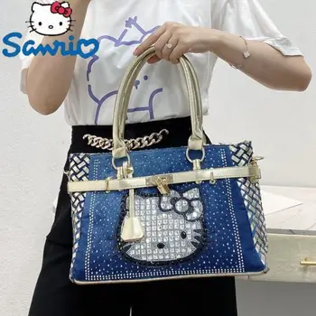 Sanrio Hello Kitty Новая джинсовая сумка-тоут Y2k Женская сумочка на цепочке с искусственным бриллиантом, модные стразы, сумка через плечо, подарок
